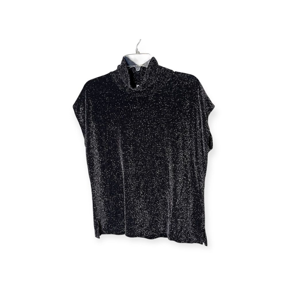 Chico's Black Shimmer Mock Neck Short Sleeve Pullover Top Shirt Size 3 X-Large